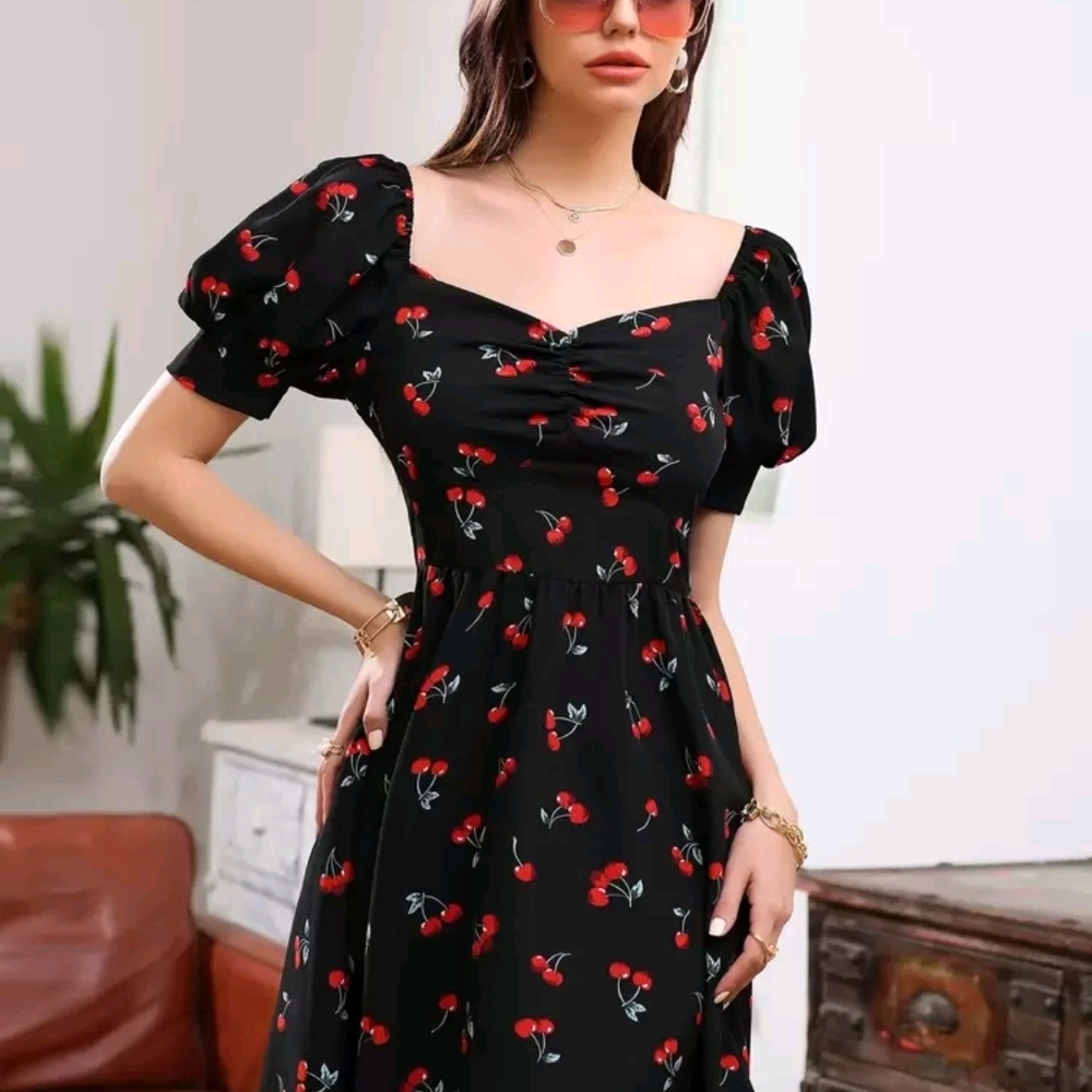 SHEIN Black Cherry Pattern Midi Dress Medium - Picture 4 of 9